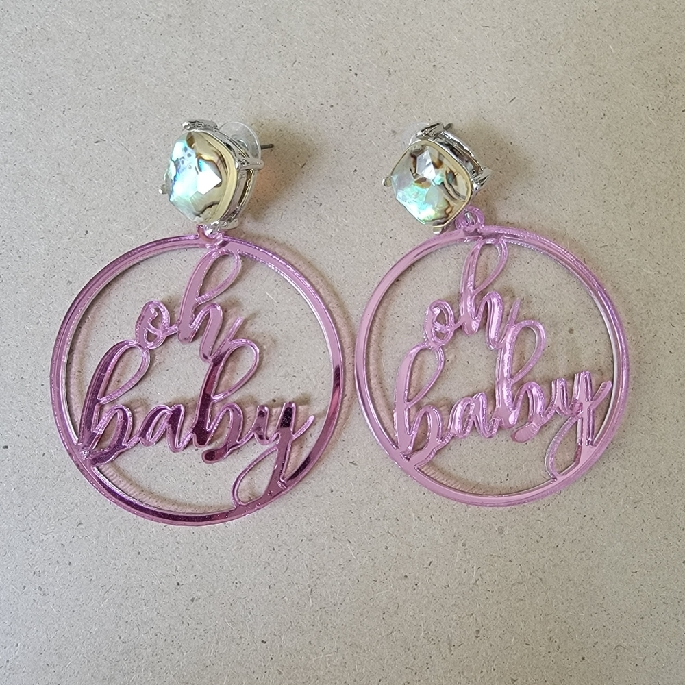 "Oh Baby" Pink Girl Stud Hoop Earrings